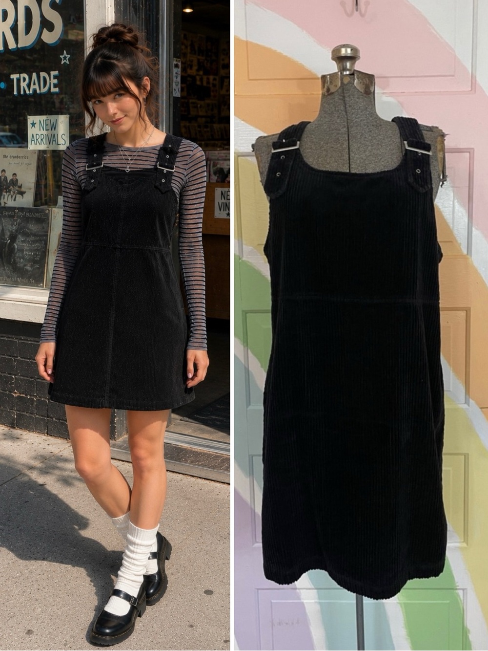 Vintage Faded Glory Corduroy Cotton Overall Jumper Patch Pocket Dress Sz L 💚🎀